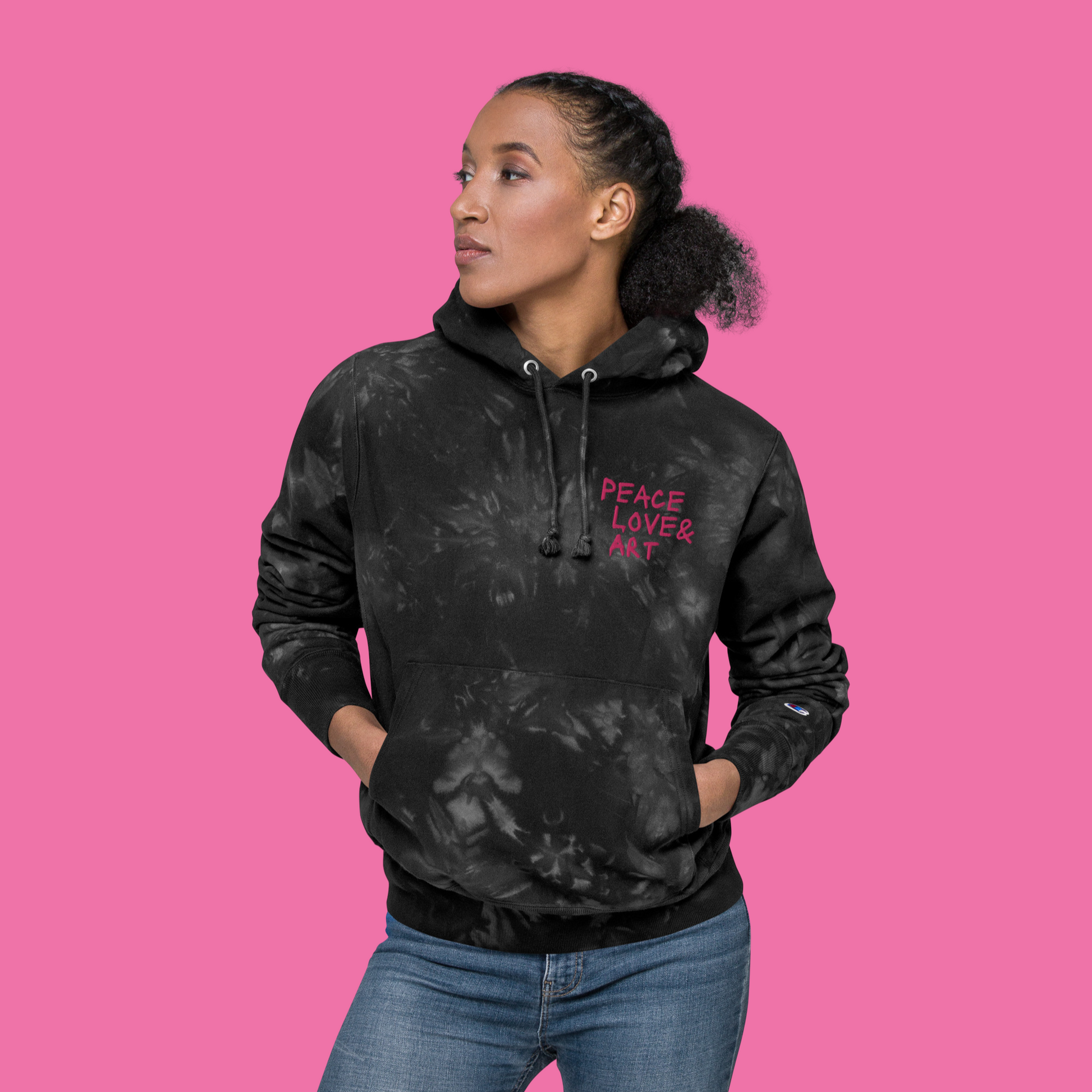 Pink hoodie with black discount jeans