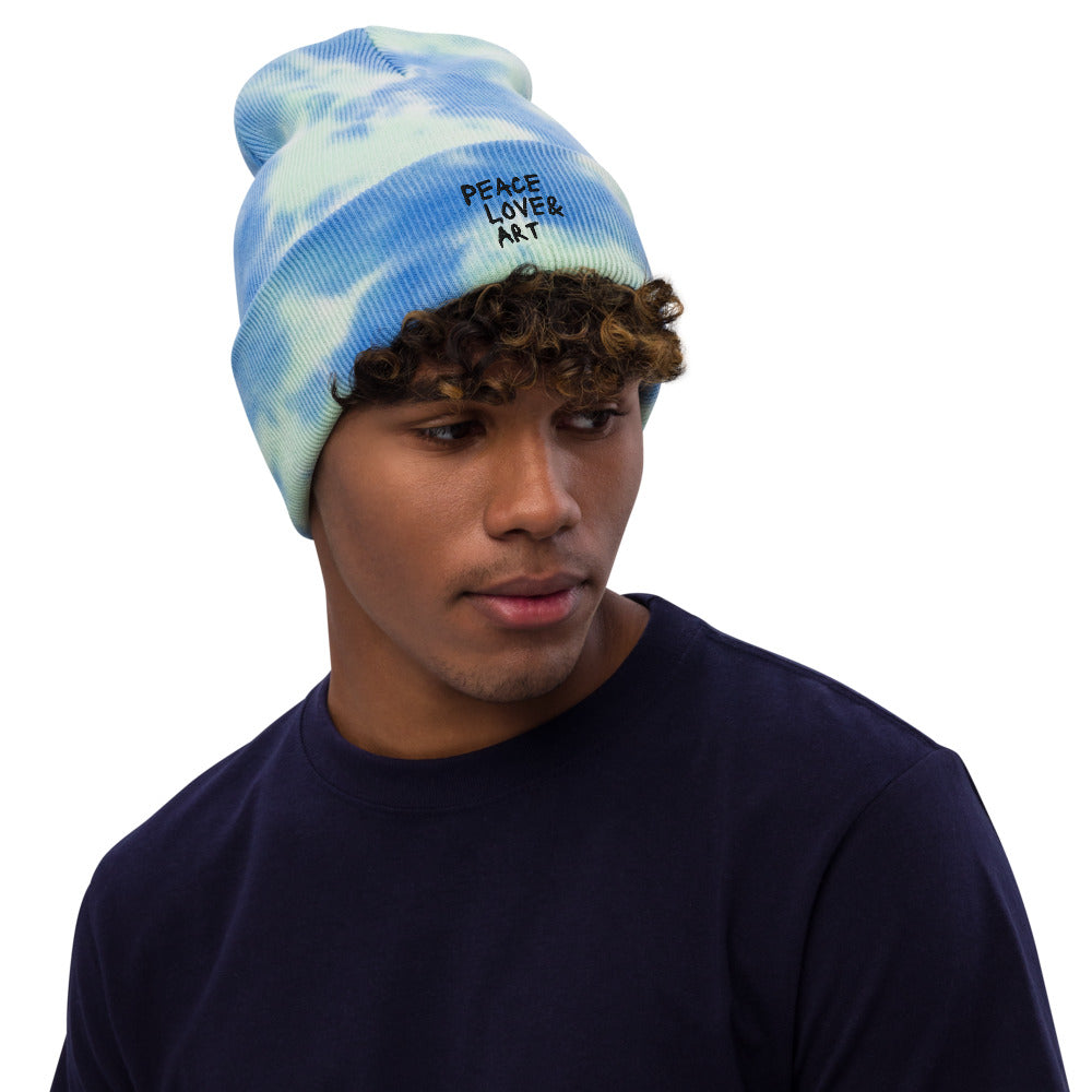 Peace Love & Art Embroidered Tie-dye Beanie