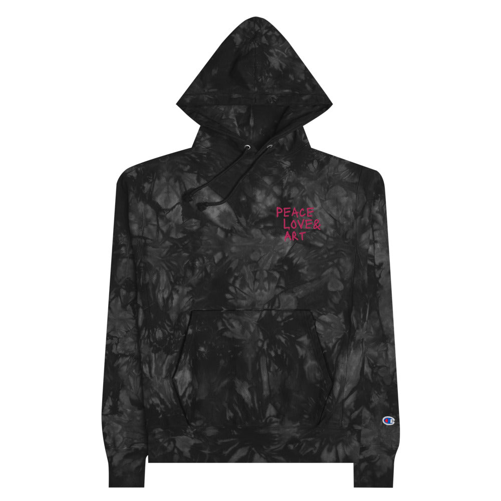 Peace Love Art Black Tie-dye Hoodie (Hot Pink Embroidery)