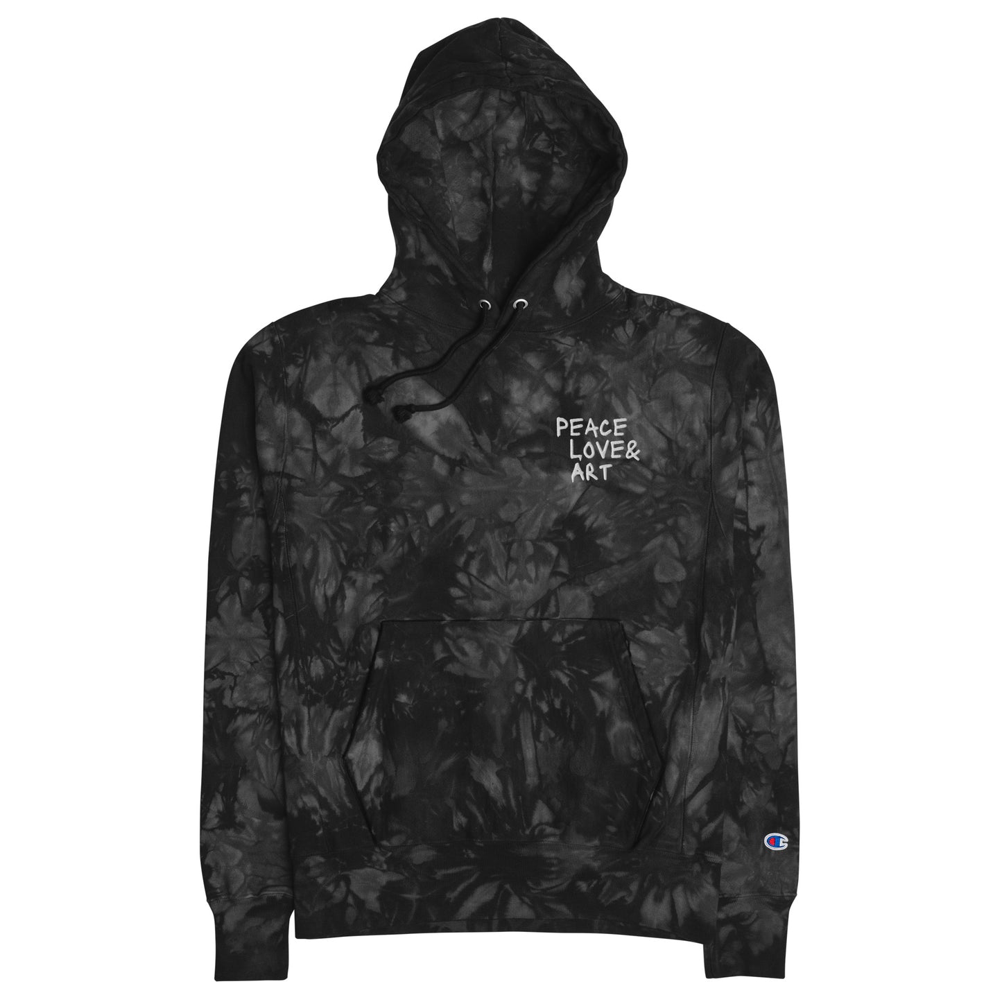 Peace Love & Art Black Tie-dye Hoodie (White Embroidery)