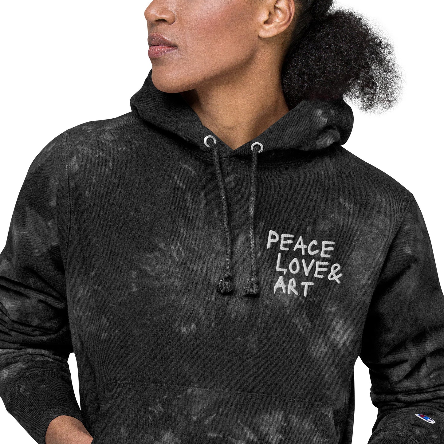 Peace Love & Art Black Tie-dye Hoodie (White Embroidery)